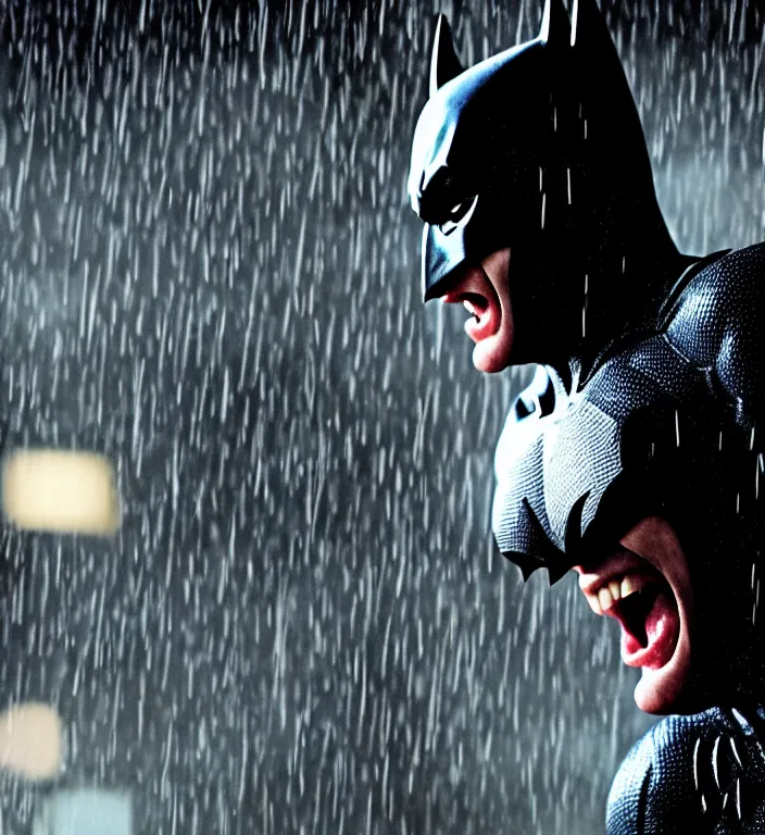 Image similar to cinematic still of tobey maquire as batman, screaming in pain, dramatic rain, 8 k