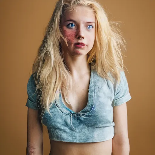 Prompt: Portrait photography of a Blonde Girl, Young Beautiful Face, Green Eyes, Freckles, Wearing a white crop-top and jeans, with a subtle smile, Detailed, 8K, Epic, Charming, Character, Octane Rendering, Hyper Realistic