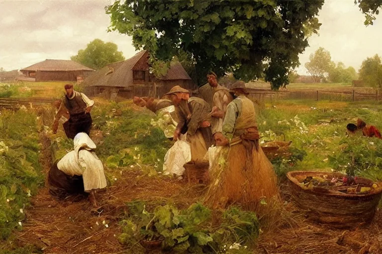 Image similar to simple amish farmers tending to their cottage vegetable gardens, art by anders zorn, wonderful masterpiece by greg rutkowski, beautiful cinematic light, american romanticism thomas lawrence, greg rutkowski