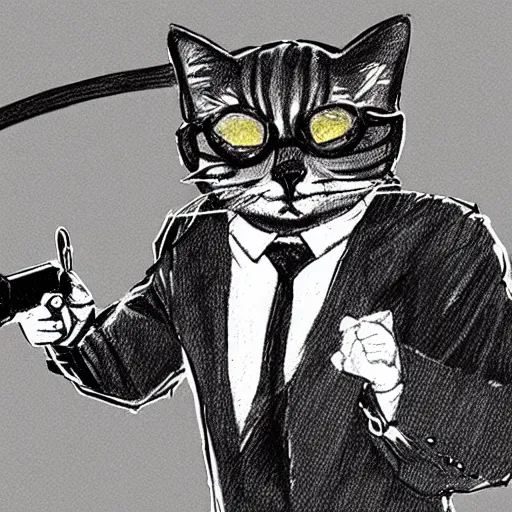 Image similar to cyberpunk cat in suit holding laser gun sketch