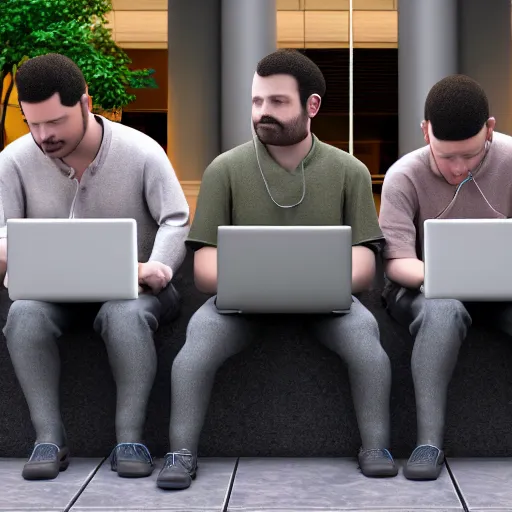 Image similar to a group of realistic bums on street using laptops with blender 3 d logotype on laptop, highly detailed, intricate, sharp focus, digital art, 8 k