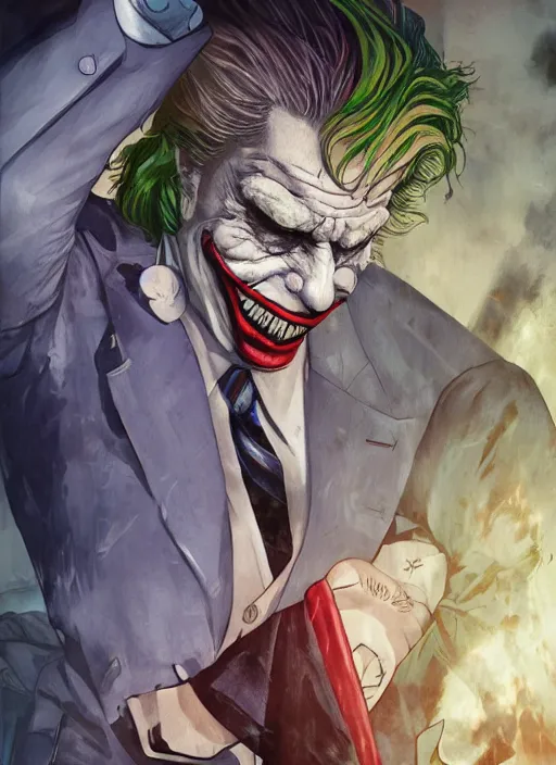 Prompt: full body portrait of donald trump as the joker, tankoban, 4 k, doll, akihiko yoshida, james jean andrei riabovitchev marc simonetti, yoshitaka amano, h. hydrochaeris