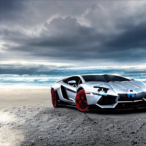 Image similar to A beautiful silver Lamborghini aventador on the beach, 8k, realistic reflection