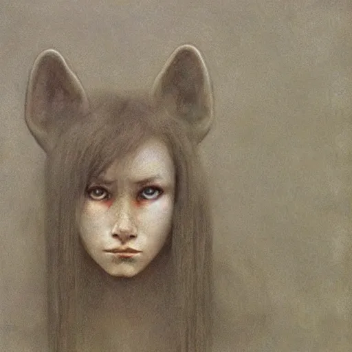 Prompt: portrait painting of 16 years old (((werewolf))) human girl, by Beksinski