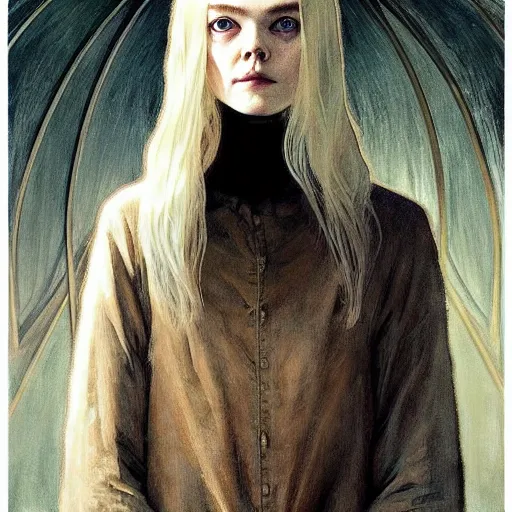 Image similar to symmetry!! portrait of elle fanning in the hannibal tv show in the world of andrew wyeth, horror, fashion, dark!! intricate, elegant, highly detailed, digital painting, artstation, concept art, smooth, sharp focus, illustration, art by artgerm and greg rutkowski and alphonse mucha