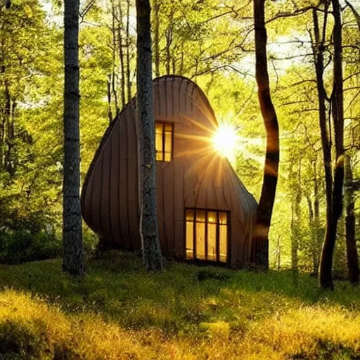 Image similar to house shaped like tree, photoreal, golden hour, sunlight, swedish forest, beautiful!!!!!!!!!
