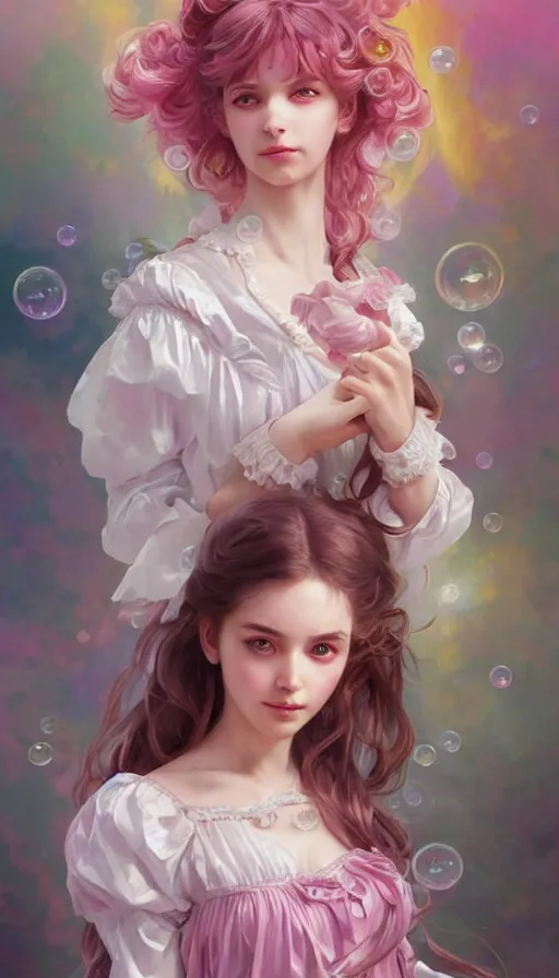 Prompt: portrait of magical lolita girl, dreamy and ethereal, expressive pose, pink eyes, peaceful expression, ornate frilly dress, fantasy, intricate, elegant, many rainbow bubbles, rose tones, highly detailed, digital painting, artstation, concept art, smooth, sharp focus, illustration, art by artgerm and greg rutkowski and alphonse mucha