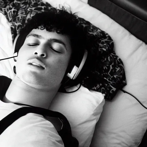 Prompt: a young man is lying on his bed and looking at his iphone with headphones on his head, 1 9 8 0 s, shot on minolta maxxum 7 0 0 0