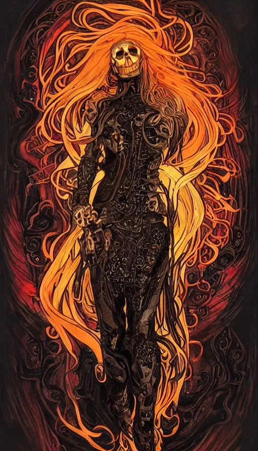 Image similar to a finely detailed beautiful!!! feminine cyberpunk ghost rider with skull face and long flowing hair made of fire and flames, dressed in black leather, by Alphonse Mucha, designed by H.R. Giger, legendary masterpiece, stunning!, saturated colors, black background, full body portrait, zoomed out to show entire image, trending on ArtStation