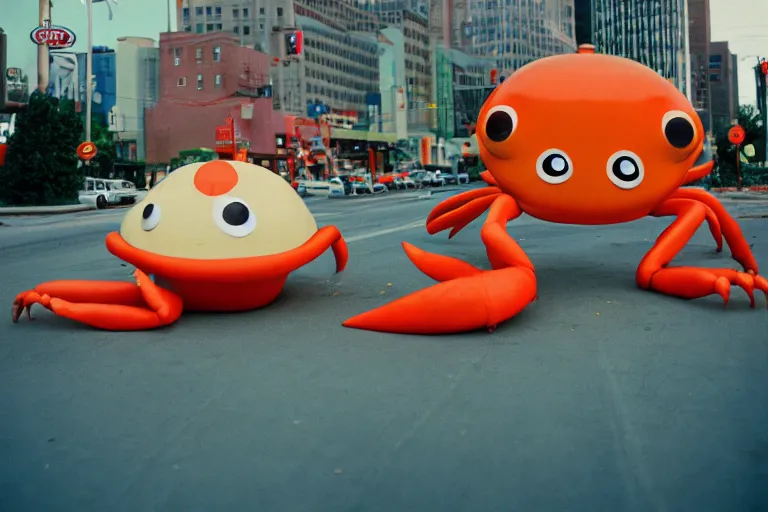 Image similar to 2 0 1 5 cute giant crab terrorizing a city, googie city, americana, fishcore, hd 8 k, photography cinestill