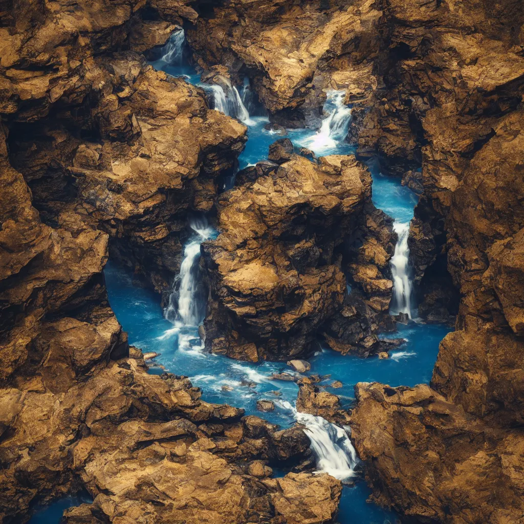 Prompt: waterfall slot canyons made of gold and obsidian, bright blue water, birds eye view, volumetric lighting, octane render, magical, dramatic, stunning, cinematic shot 8K HDR 4K very detailed, moody, ambiance