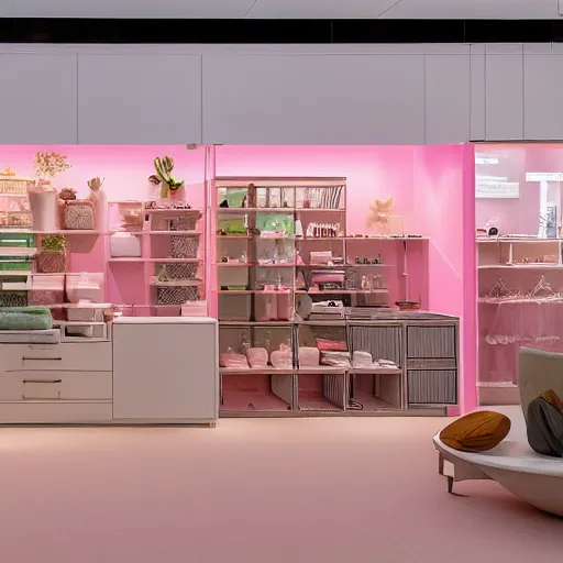 Image similar to An ultra high definition, professional photograph of an IKEA showroom located on a pastel pink beach with pastel pink, dimpled sand where every item is pastel pink. The sun can be seen rising through a window in the showroom. The showroom unit is outdoors and the floor is made of dimpled sand. Morning time indirect lighting with on location production lighting on the showroom. In the style of wallpaper magazine, Wes Anderson.