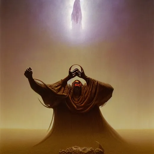 Prompt: a ray traced painting of a necromancer casting an evil spell, fantasy art, 4k, HDR, photorealistic, 8k by zdzisław beksiński