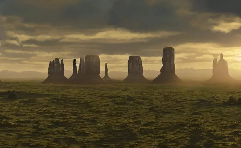 Prompt: a hyperrealist cell - shaded cartoon movie still from howl's moving castle ( 2 0 0 4 ) of a city in a flooded stonehenge monument valley. a rainforest is in the background with shafts of sunlight from above. very dull muted colors, hd, 4 k, hq