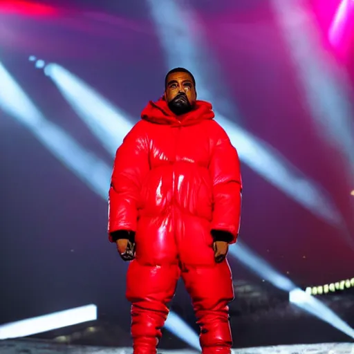 Image similar to kanye west wearing a red puffer jacket and red pants, standing in a stadium, white light shining on him