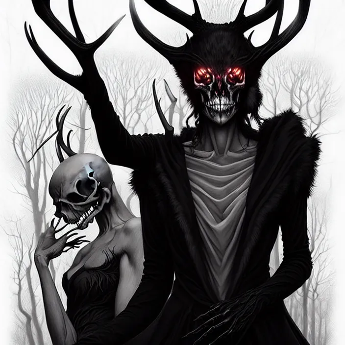 Image similar to style artgerm, joshua middleton, diego fazio, gerald brom : : scary wendigo with antlers and skull face mixed with werewolf : : [ beautiful witch wearing a black dress, symmetrical face, on the right side ] : : in the forest, detailed, dark and foggy, cinematic lighting