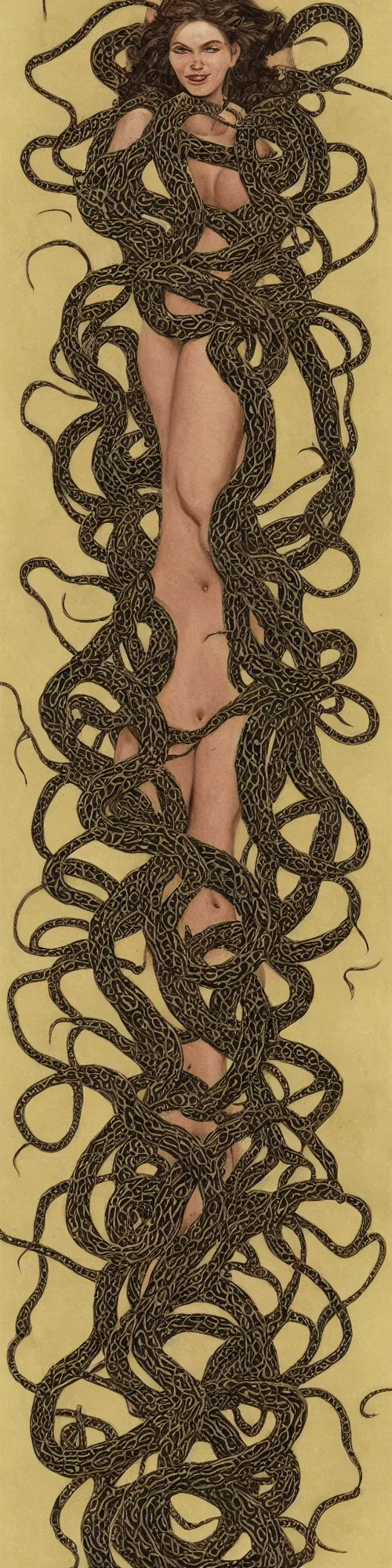 Prompt: full body portrait of a woman made of snakes, fantasy artwork