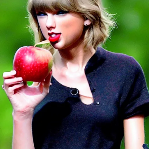 Image similar to taylor swift eating an apple, detailed, clean, realistic
