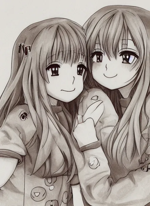 Image similar to highly detailed art of one blonde and one brown haired anime girl in onesies hugging each other looking at us, detailed eyes, happy, excited, digital art, cute, anime, detailed faces, well drawn faces, cute faces, hand drawn, 8 k, trending on artstation, official media