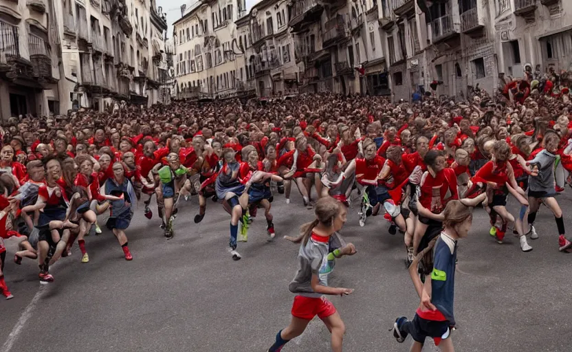 Image similar to greta thunberg running in san fermines chased by bulls, highly detailed, cinematic, 8 k resolution, beautiful detailed, octane render, unreal engine, ramon masats style,