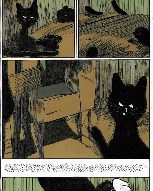Prompt: three panels from junji ito's 'huge black cat sitting on pillow'