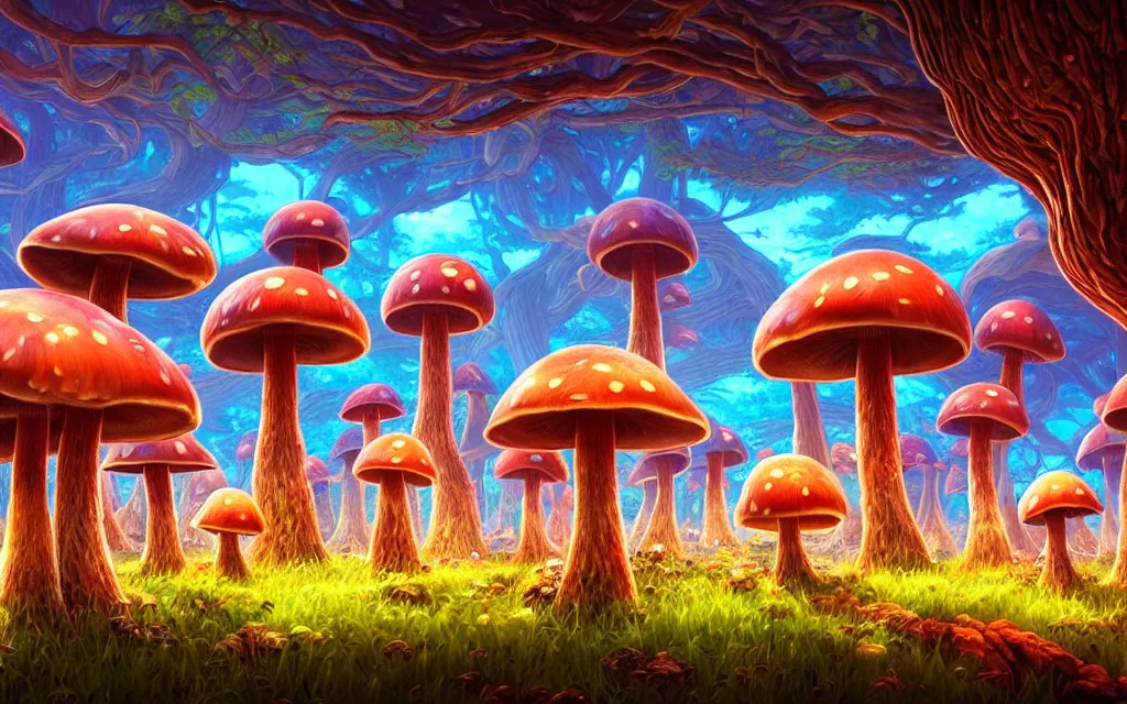 Prompt: the mushroom world is my home. virtual mushroom landscapes is like a spiritual journey through a mushroom forest. by dan mumford, yusuke murata, makoto shinkai, ross tran, cosmic, heavenly, god rays, intricate detail, cinematic, cel shaded, unreal engine, featured on artstation, pixiv