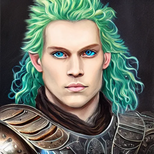 Image similar to oil painting of a beautiful platinum blond curly haired cleanshaven himbo with heterochromia, one blue eye one green eye, wearing heavy armor, d & d fantasy concept art