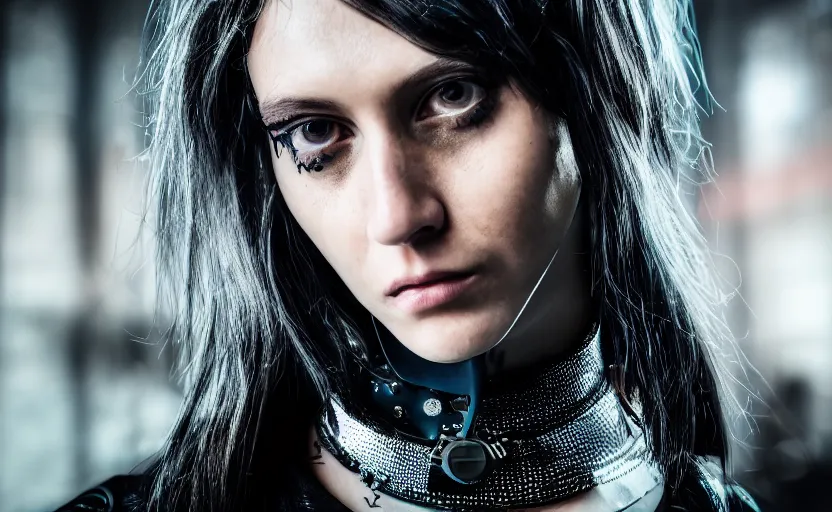 Image similar to a portrait picture of a cyberpunk woman wearing a steel collar choker , highly detailed, high quality, HD, 4k, 8k, Canon 300mm, professional photographer, 40mp, lifelike, top-rated, award winning, realistic, sharp, no blur, edited, corrected, trending