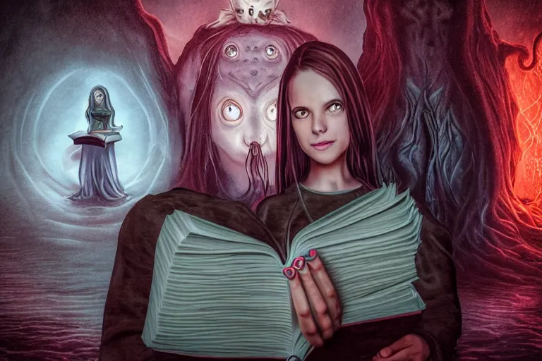 Image similar to romantic photo of bright girl, her cat and her book of necronomicon, symmetrical, cinematic, real dlsr photography, sharp focus, 4 k, ultra hd, sense of awe, sinister demonic atmosphere, dreadful, forbidden knowledge, old gods, cthulhu, yog - sothoth! yah, yah, yah! cultist journal cover