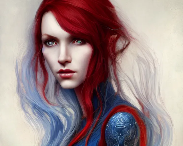 Image similar to A detailed matte oil on canvas head on symmetrical portrait of a distinguished elven woman with red and blue hair on an empty background, by Charlie bowater, Lise Deharme, Wlop, trending on artstationhd, dungeons and dragons art, parted hair , half blue, half red , split dye, critical role