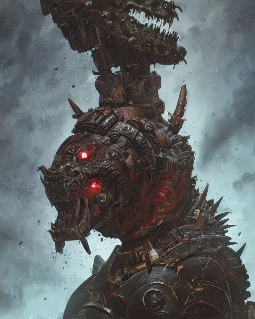 Image similar to hyper realistic portrait of heroic warhammer 4 0 k beast, android head, cinematic, chaos marine, wolf, horror, nurgle, artstation, cgsociety, full head and shoulders, greg rutkowski, james gurney, mignola, craig mullins, brom redshift, vray, octane