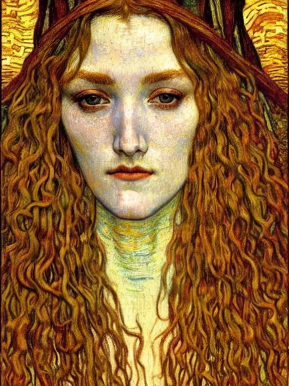 Image similar to detailed realistic beautiful young medieval queen face portrait by jean delville, gustav klimt and vincent van gogh, art nouveau, symbolist, visionary, gothic, pre - raphaelite, muted earthy colors, desaturated