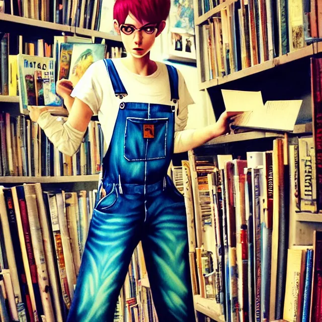 Image similar to full body pose, beautiful adult book fairy, pixar, short white hair shaved sides, dirty, grungy, grunge, long sleeve, painted overalls, stacks of giant books, highly detailed, 4 k, hdr, smooth, sharp focus, high resolution, award - winning photo, artgerm, photorealistic