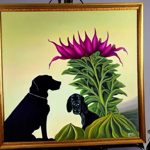 Prompt: oil painting of datura strammonium flowers with a vicious black dog in the foreground