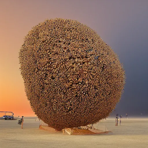 Image similar to highly detailed 3d render of burning man festival sculpture made of cornflowers by Beeple