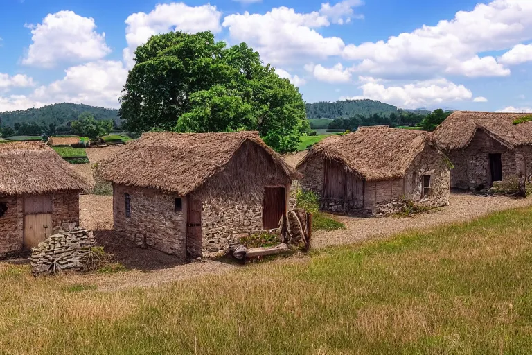 Prompt: wide shot of a rural countryside village in the style of carl valente