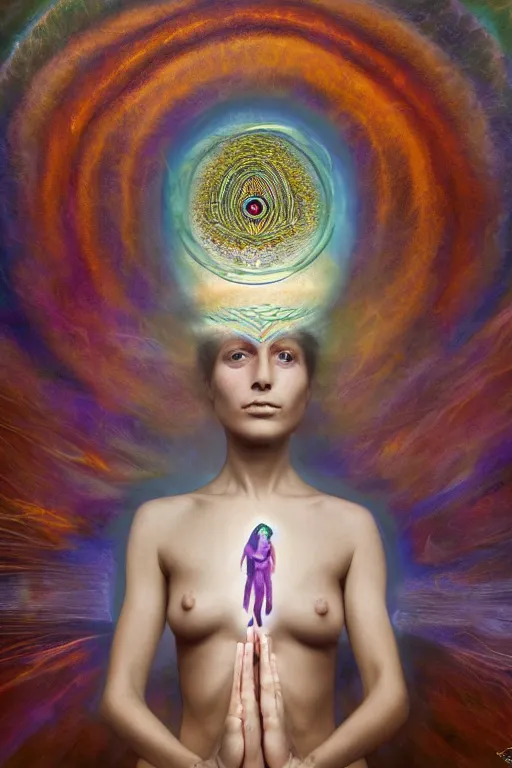 Image similar to transcendental meditation cult woman, opening third eye, chakra energy waves resonating from her body, ethereal aura, epic surrealism 8k oil painting, portrait, perspective, high definition, post modernist layering, by Peter Kemp