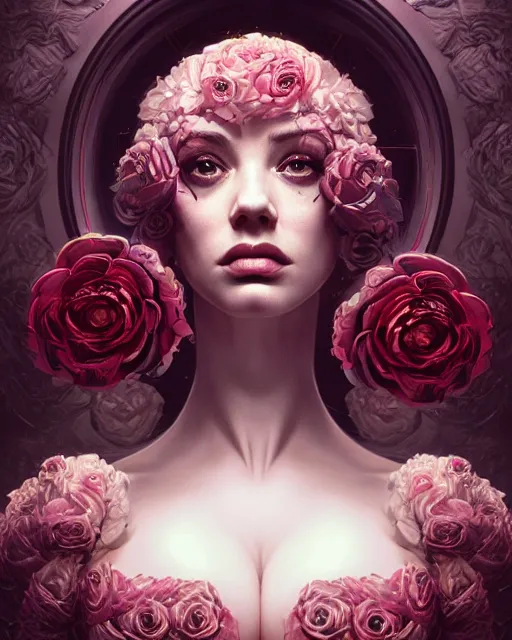 Prompt: perfectly - centered!! looking camera!! symmetrical!! portrait of christina hendricks with roses, baroque, roses, intricate abstract upper body intricate artwork, by tooth wu, wlop, beeple, dan mumford. concept art, octane render, deviantart, greg rutkowski, cinematic arthouse, key art, hyper realism, iridescent accents