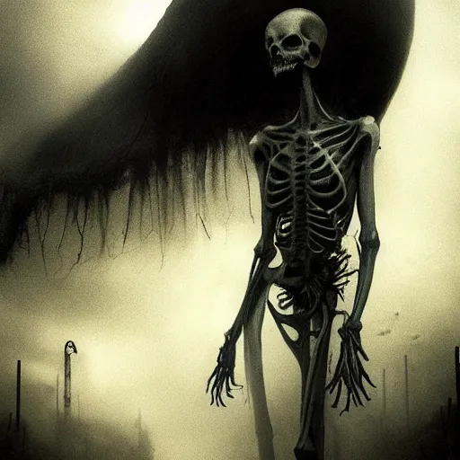 Prompt: gigantic black silk gown skeletal angel of death visiting the Village, walking among people in the opendoor market, people panicking,megalophobia, horror, fog, foster, highly detailed, one house, fear, dark inside, dark mammatus cloud,hyper realistic, atmospheric lighting, beksinski