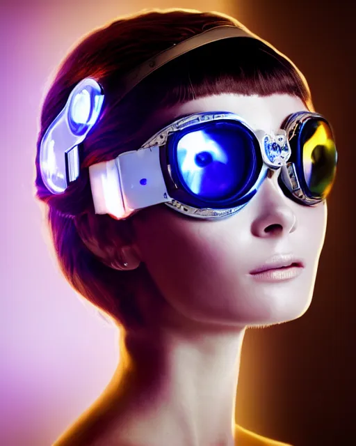 Image similar to centered portrait of soulful young audrey hepburn as a solarpunk mecha humanoid robotic parts wearing crystal goggles with bright led lights, real human face, pudica gesture bouguereau style, in white room, ultra - realistic and intricate, soft portrait shot 8 k