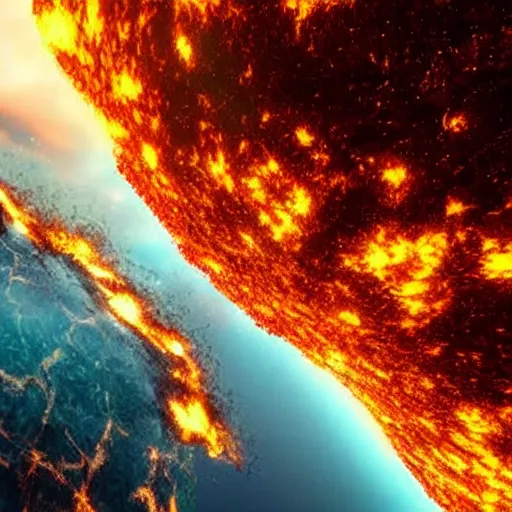 Image similar to Meteor collides with earth, total destruction, cinematic, dramatic, fire, lava, explosions, epic, crazy