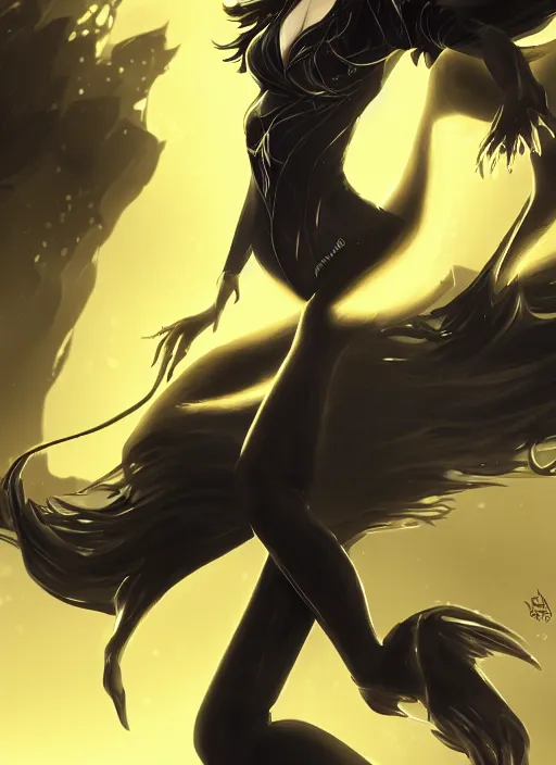 Image similar to a highly detailed illustration of meisa kuroki wearing black suit and tie with coattails, yellow eyes, dramatic elegant pose, strings background, intricate, elegant, highly detailed, centered, digital painting, artstation, concept art, smooth, sharp focus, league of legends concept art, wlop.