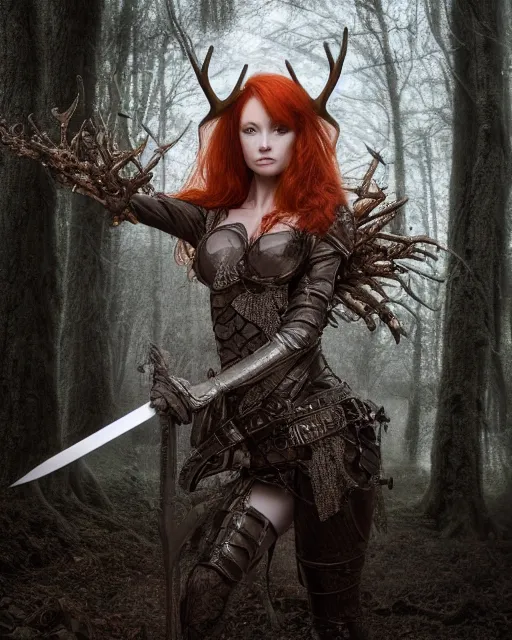 Image similar to 5 5 mm portrait photo of an armored redhead woman with a sword, and antlers growing from her head. magical forest in the backgeound. by luis royo. highly detailed 8 k. intricate. lifelike. soft light. nikon d 8 5 0. cinematic post - processing