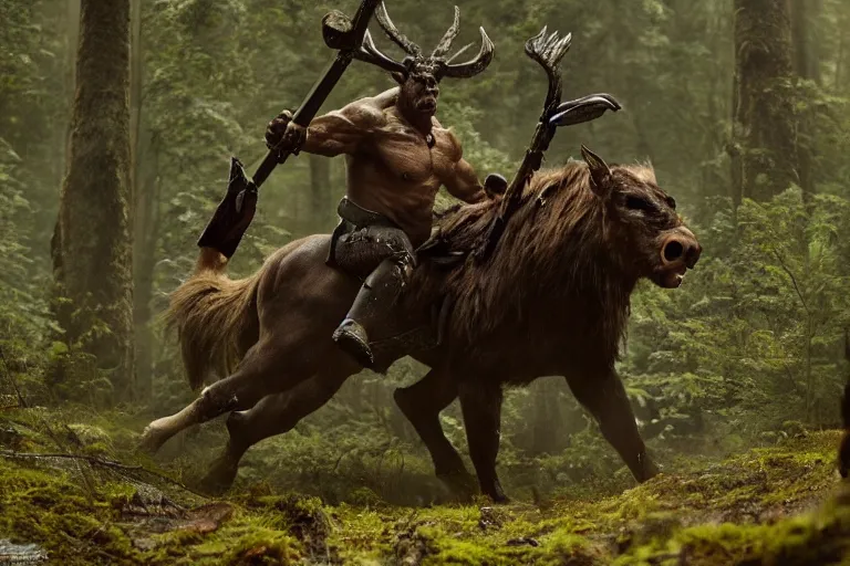 Image similar to vfx movie closeup detailed ancient warrior orc hunting elk in the forest, natural lighting by emmanuel lubezki