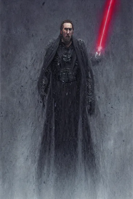 Image similar to Nicholas Cage Sith Lord, star wars, dark fantasy, intricate, highly detailed, smooth, artstation, painted by Wayne Barlowe, Greg Rutkowski, zdislav beksinski, Francis Bacon