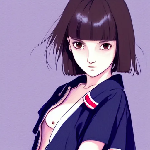 Image similar to a beautiful! boyish! natalie portman alluring gravure! model, wearing japanese school girl outfit with mayan pattern and native style, aztec street fashion, gapmoe yandere grimdark, trending on pixiv fanbox, painted by greg rutkowski makoto shinkai takashi takeuchi studio ghibli, akihiko yoshida