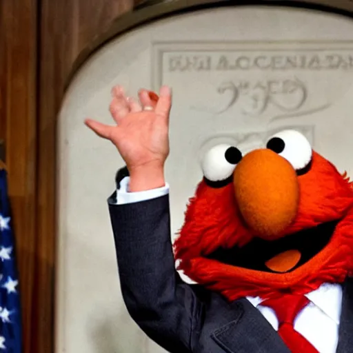 Image similar to Elmo wearing a suit, sitting in front of a microphone, shouting at congress.