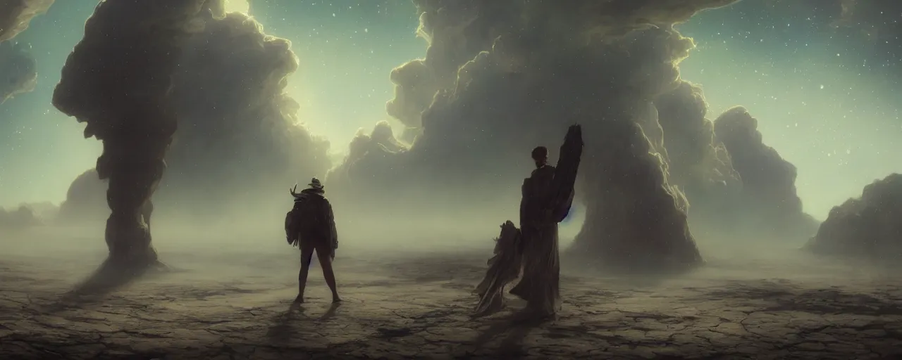 Prompt: a masterpiece oil painting of an interstellar traveler wandering through a desert made of cloud nebulas, by Tom Bagshaw and Alphonse Mucha and James Jean and John Williams Waterhouse, rendered in Octane and Cinema4D, 8k, volumetric lighting, concept art, ArtStation, fantasy, extremely moody lighting, cinematic, atmospheric, depth of field, intricate, elegant, highly detailed, digital painting, very coherent artwork