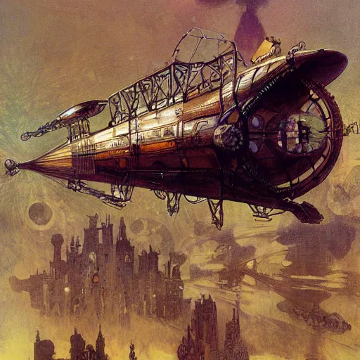 Prompt: a steampunk airship, seen from below, central composition, symetrical, alphonse mucha, realistic art deco, jean gireaud, hiroshi yoshida, artstation trending, painted by craig mullins