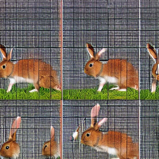 Image similar to a rabbit jumping up over a fence, shown as a film strip showing 9 sequential stills from the video clip in a grid